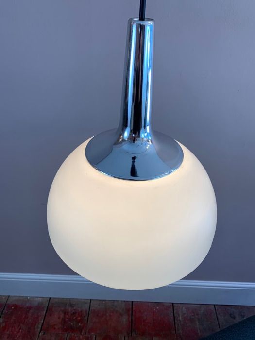 photo for sale 1970s German Peill & Putzler Opaline & Chrome Pendant Hanging Light