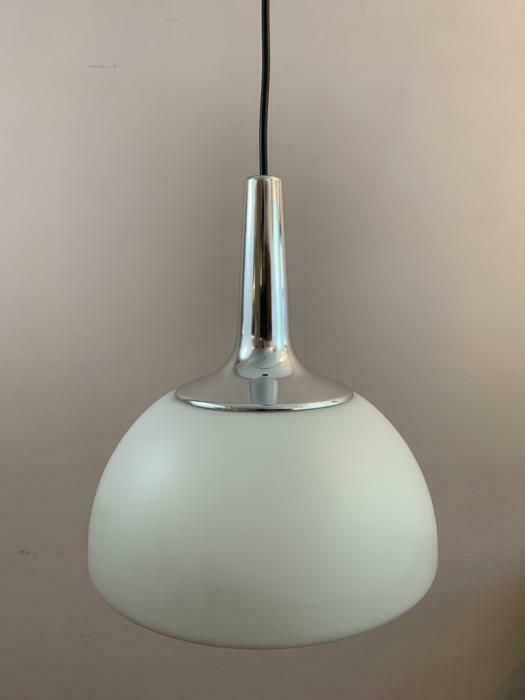 photo vintage 1970s German Peill & Putzler Opaline & Chrome Pendant Hanging Light