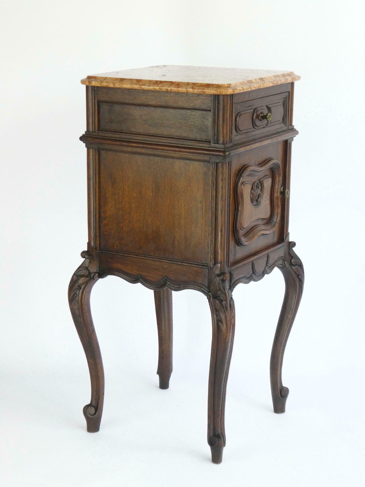photo furniture Antique French Louis XV Wooden Side Table With Marble, Walnut Carved Tall Chest, Beside Table, Entryway Furniture