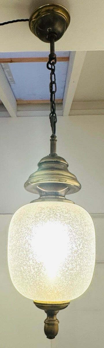 1960s Italian Brass & Etched Frosted Glass Gaetano Sciolari Pendant Hanging Ceiling Lamp photo Lighting