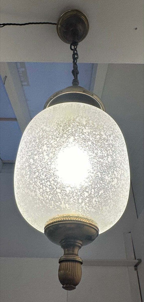 1960s Italian Brass & Etched Frosted Glass Gaetano Sciolari Pendant Hanging Ceiling Lamp photo vinterior