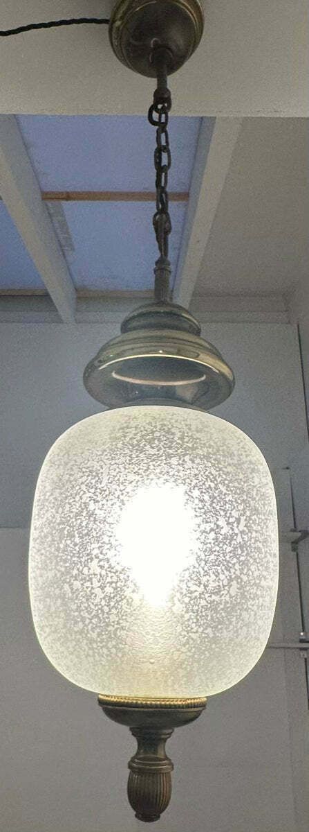1960s Italian Brass & Etched Frosted Glass Gaetano Sciolari Pendant Hanging Ceiling Lamp photo buy