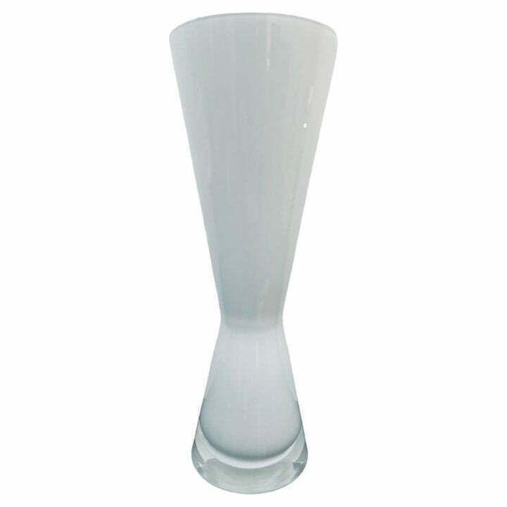 1960s White & Clear Encased Conical Glass Vase Attr. Holmegaard