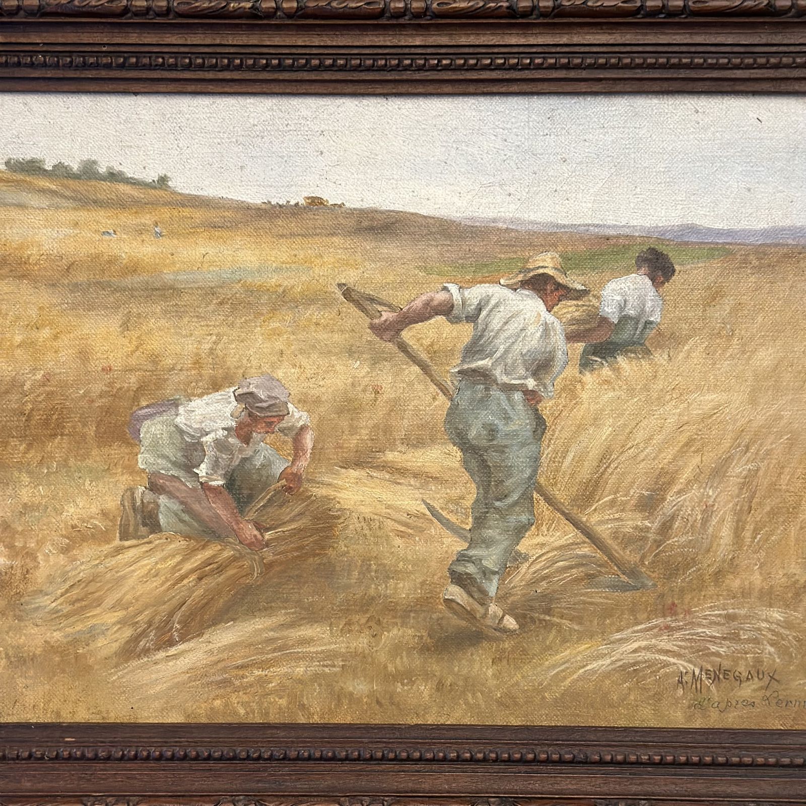 Stunning French School Oil Painting On Canvas “A.Ménégaux” Cutting The Hay. Signed. Original Frame photo Art