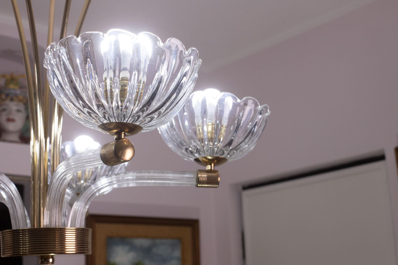 5561.0 Extraordinary 5 Light Art Deco Murano Glass And Brass Chandelier By Barovier photo