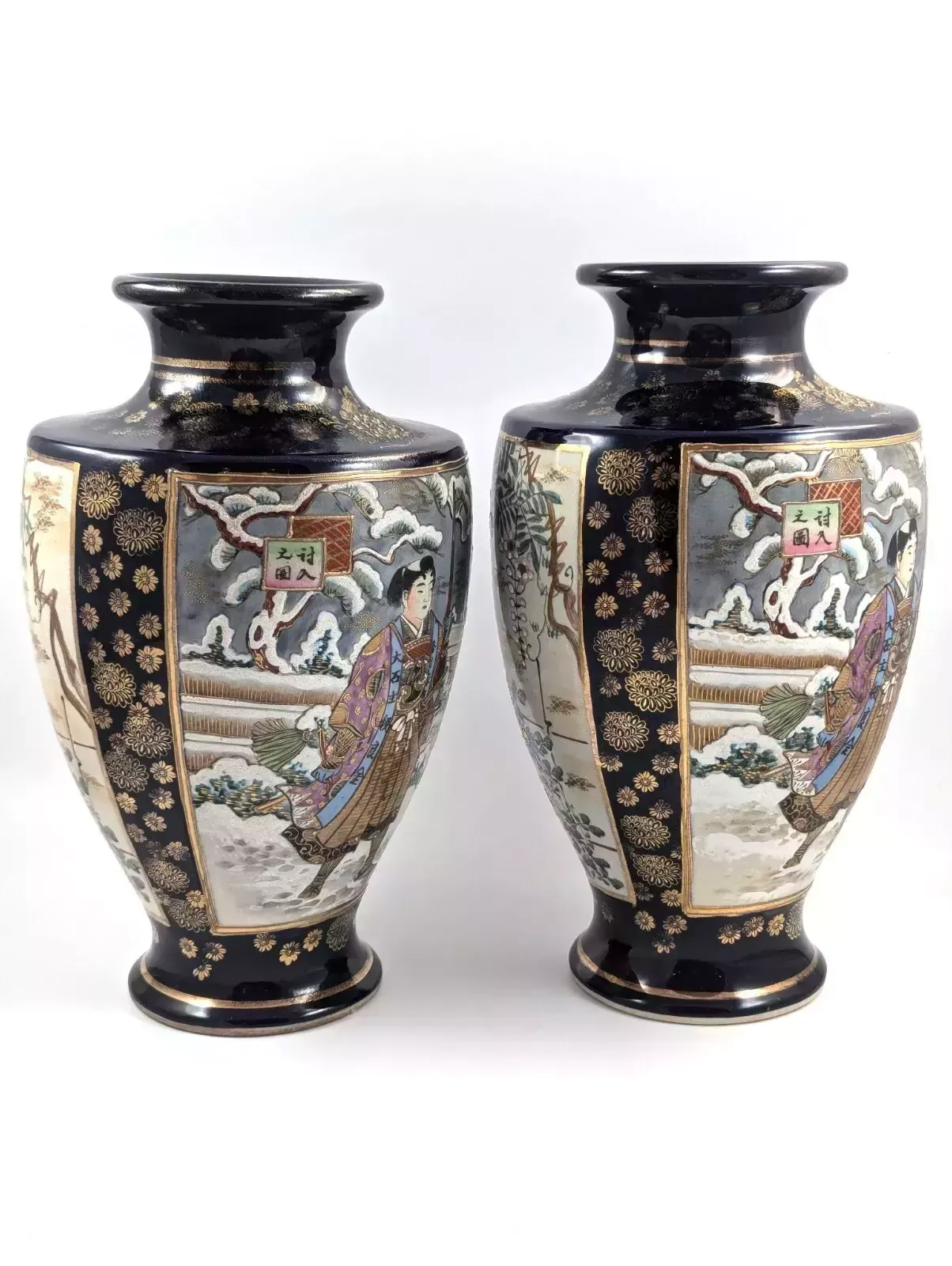 Antique Hand Painted Pair Of Satsuma Vases, Japan, Meiji Period photo 400.0