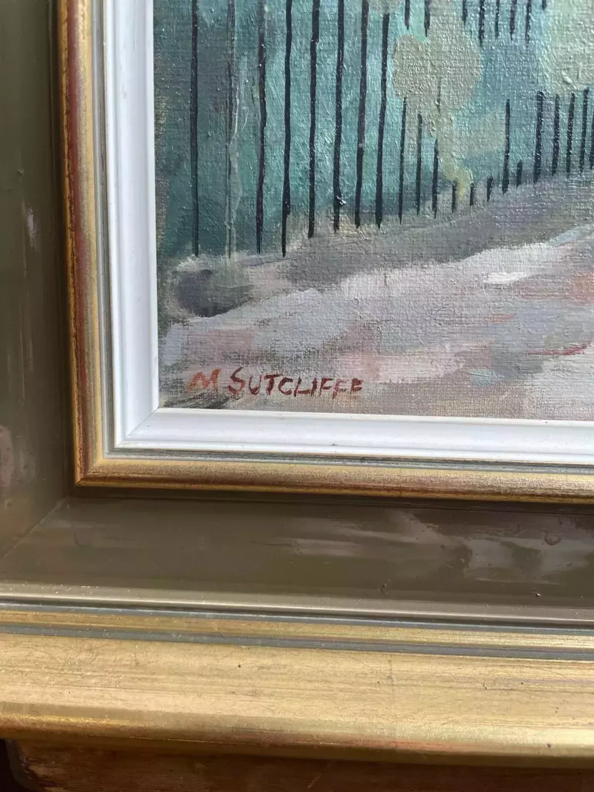 1990s M Sutcliffe Oil On Board Contemporary Street Scene Landscape Paining. photo vinterior