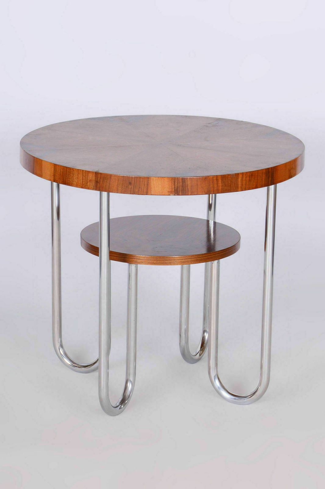Restored Bauhaus Round Table, By Robert Slezák, Spruce, Walnut, Czech, 1930s