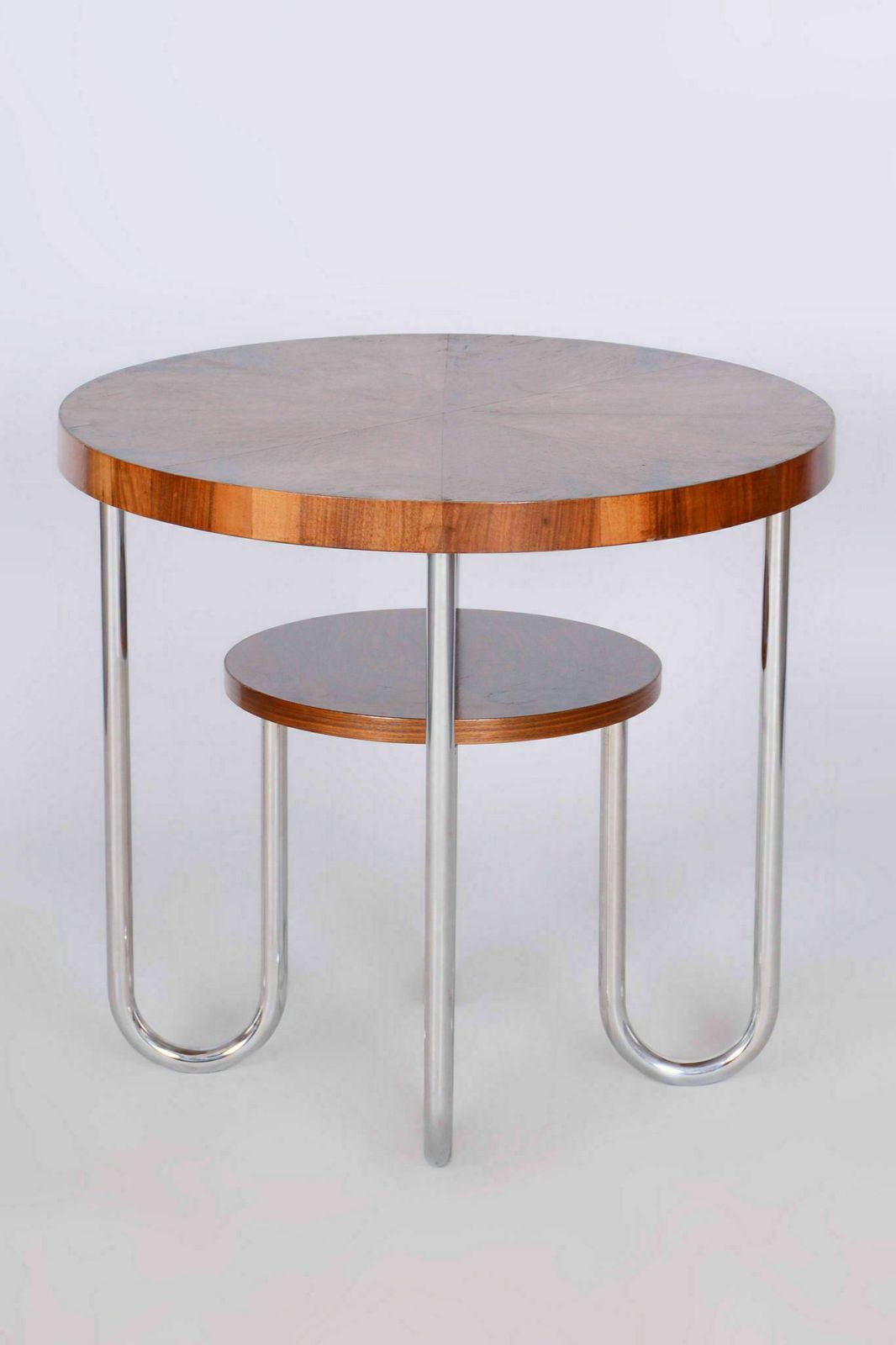 Restored Bauhaus Round Table, By Robert Slezák, Spruce, Walnut, Czech, 1930s photo 1250.0