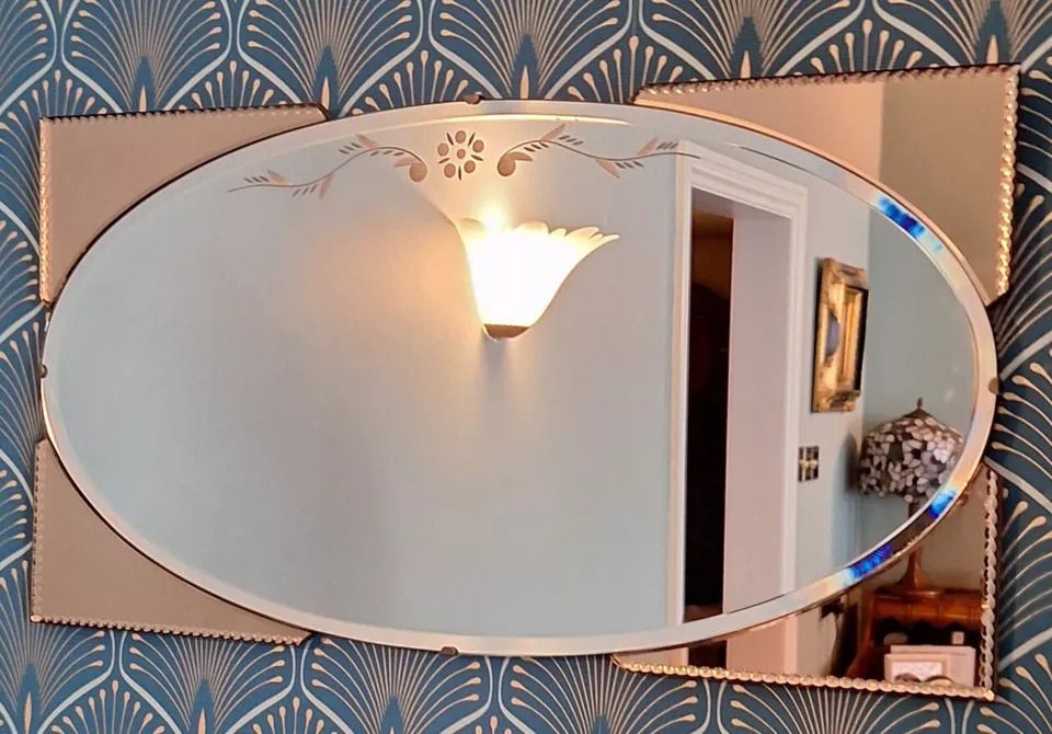 Art Deco Frameless Wall Mirror Bevelled Edge With Peach Panels photo for sale