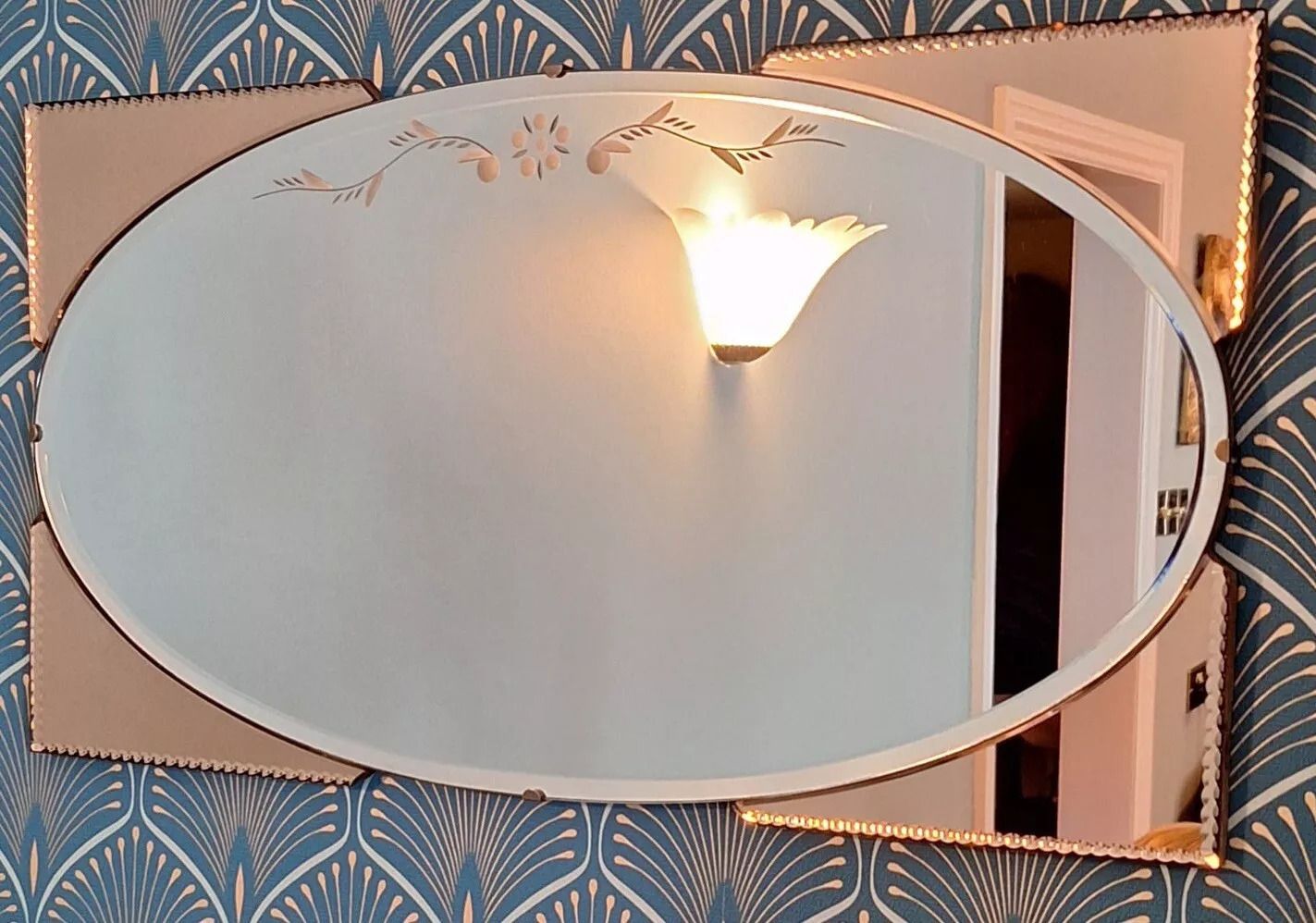 Art Deco Frameless Wall Mirror Bevelled Edge With Peach Panels