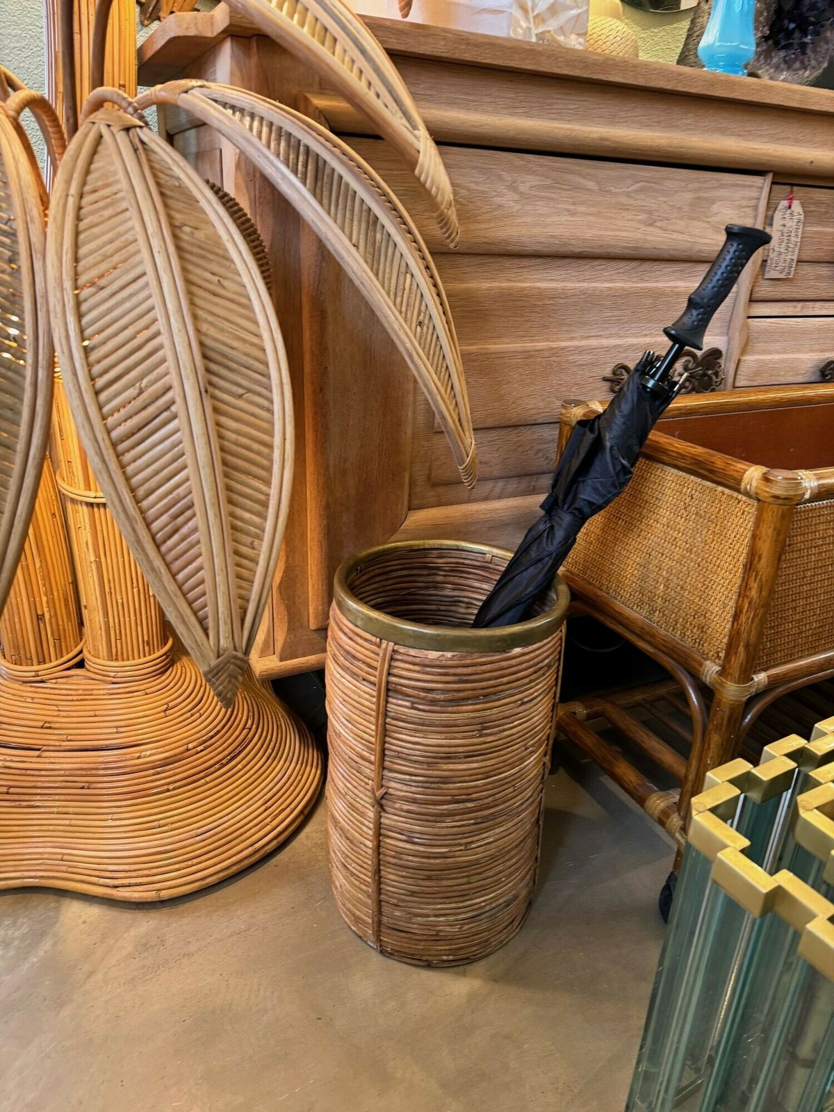 A Gabriella Crespi Style 1970s Italian Woven Pencil Reed Bamboo And Brass Umbrella Stand photo Home Decor