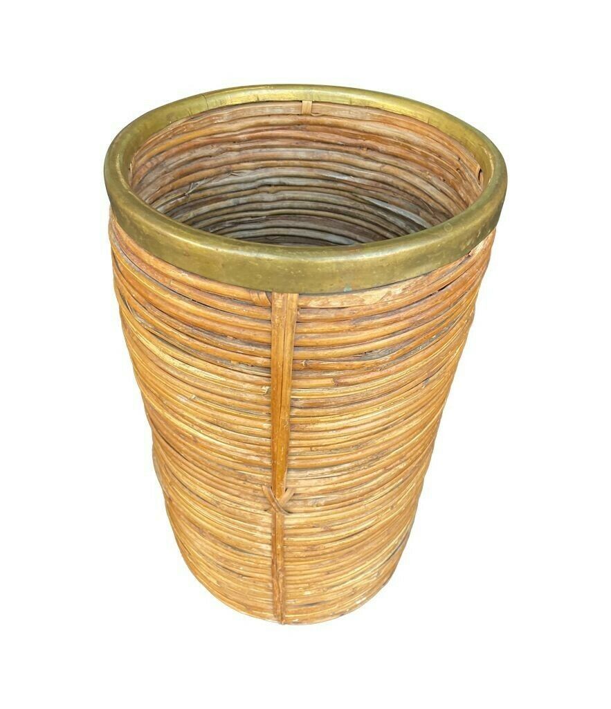 A Gabriella Crespi Style 1970s Italian Woven Pencil Reed Bamboo And Brass Umbrella Stand photo vintage