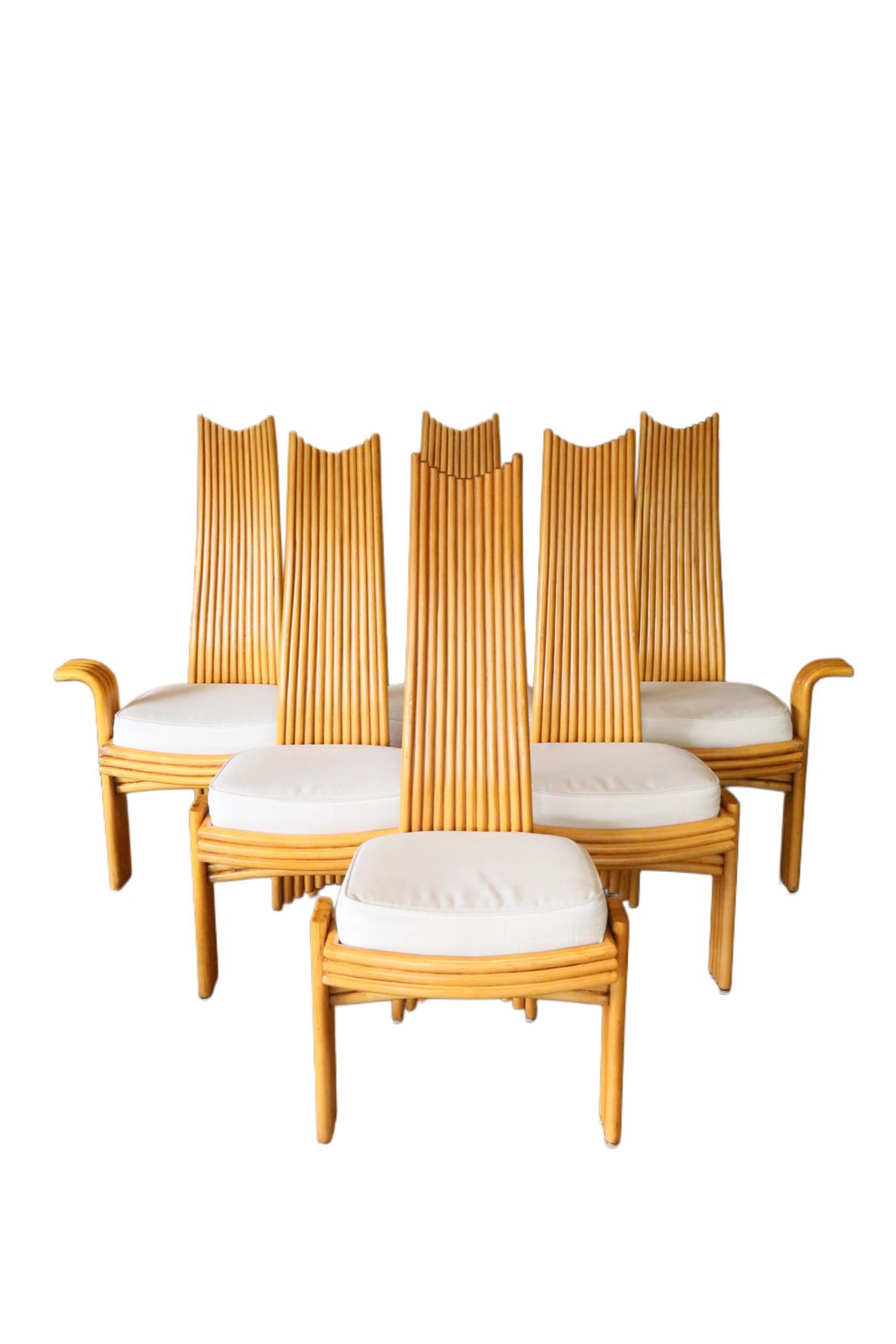Fine Set Of 6(4+2) Modernist Tall Back Bamboo Dining Chairs By Arthur Edwards For Mcguire
