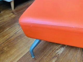 Mid Century Danish Style Long Bench. Orange Vinyl Upholstery And Stainless Steel Legs. Orangebox. photo furniture