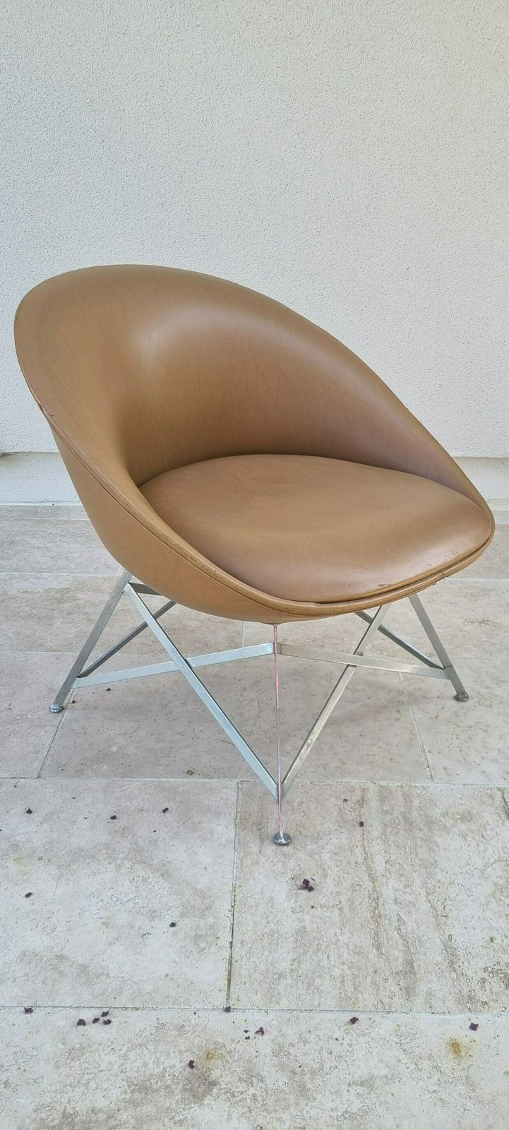 Vintage 1950s French Style Egg Chair In Cognac Faux Leather.