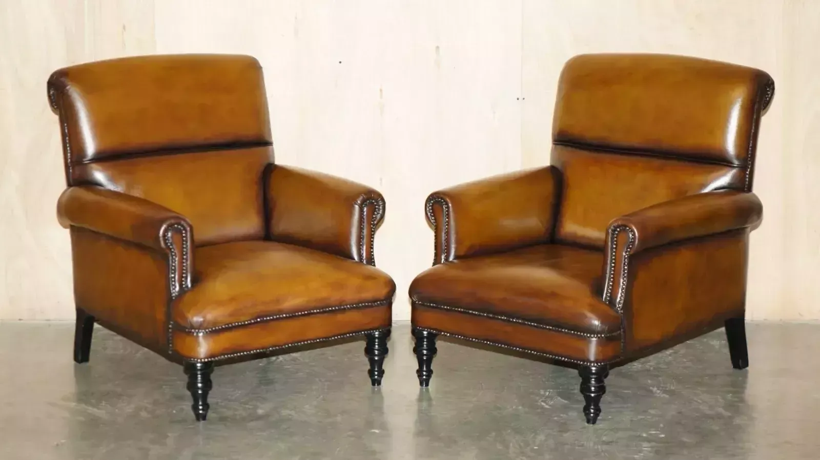 Comfortable Pair Of Rolled Back Restored Cigar Brown Leather Club Armchairs