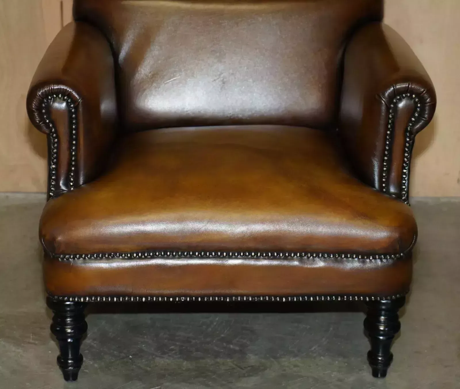 Comfortable Pair Of Rolled Back Restored Cigar Brown Leather Club Armchairs photo vintage