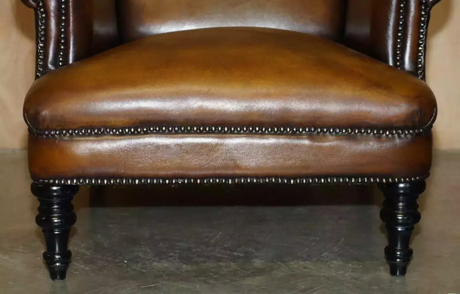 photo for sale Comfortable Pair Of Rolled Back Restored Cigar Brown Leather Club Armchairs