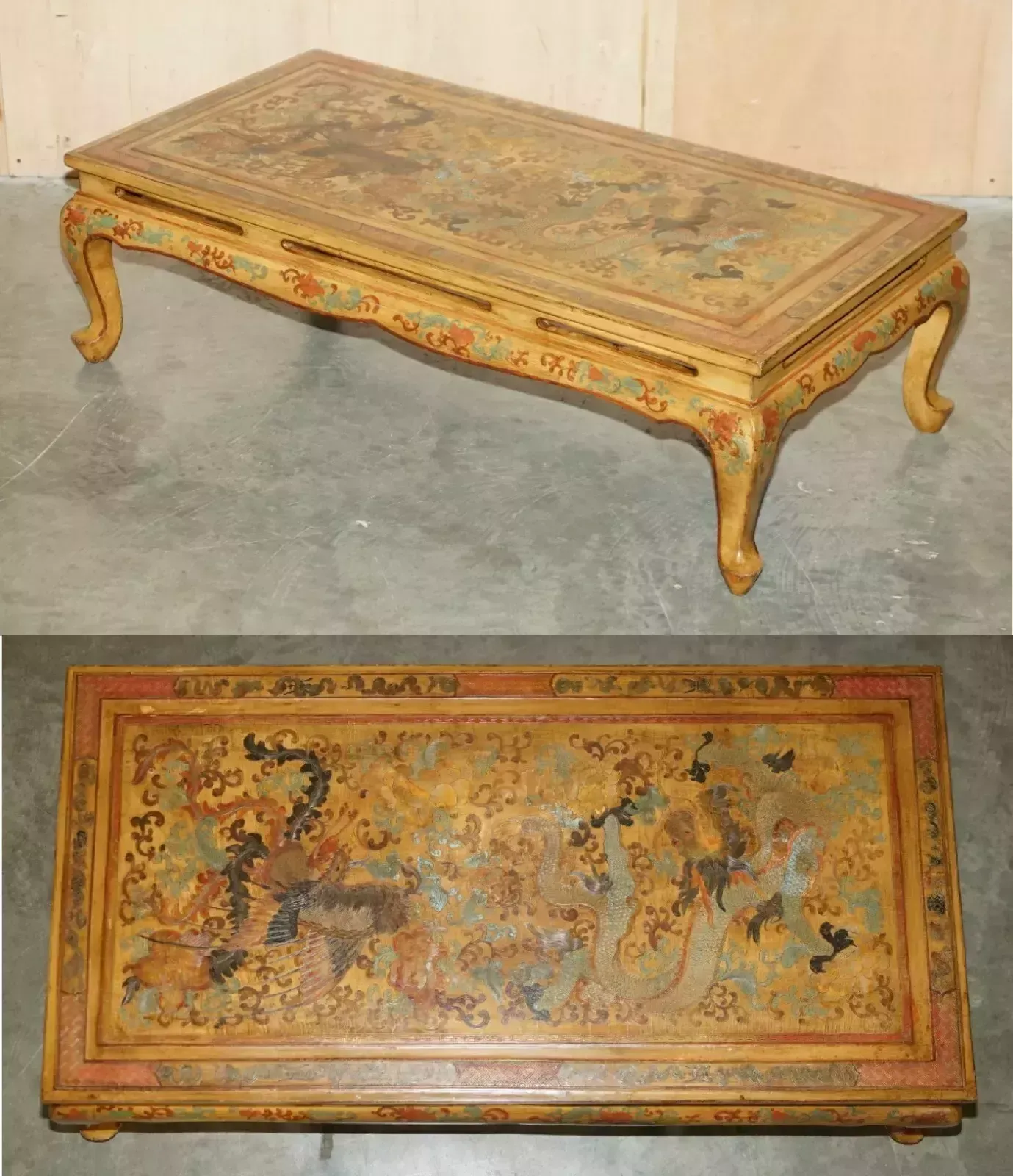 Extremely Ornate Gilt & Lacquered Chinese Dragon Chinoiserie Opium Coffee Table