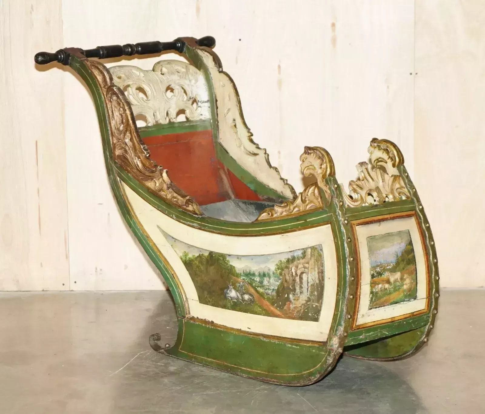 Original Antique Dutch Hand Painted & Parcel Gilt Children's Sleigh Zinc Lined