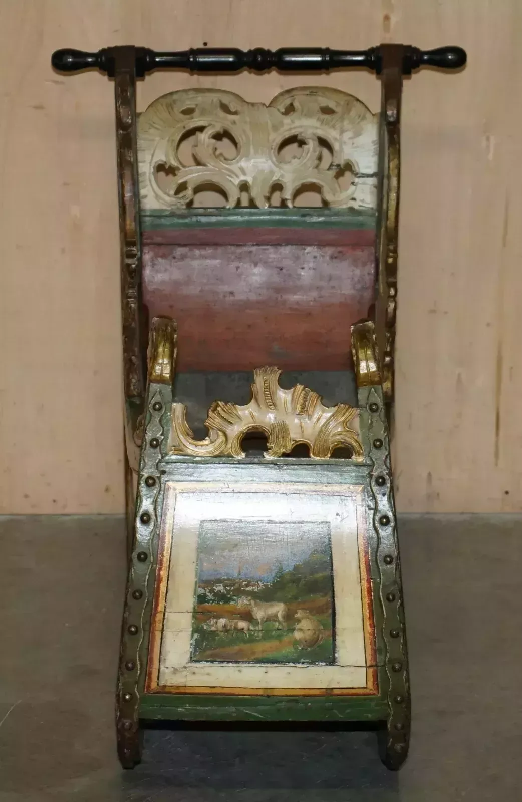 Original Antique Dutch Hand Painted & Parcel Gilt Children's Sleigh Zinc Lined photo furniture