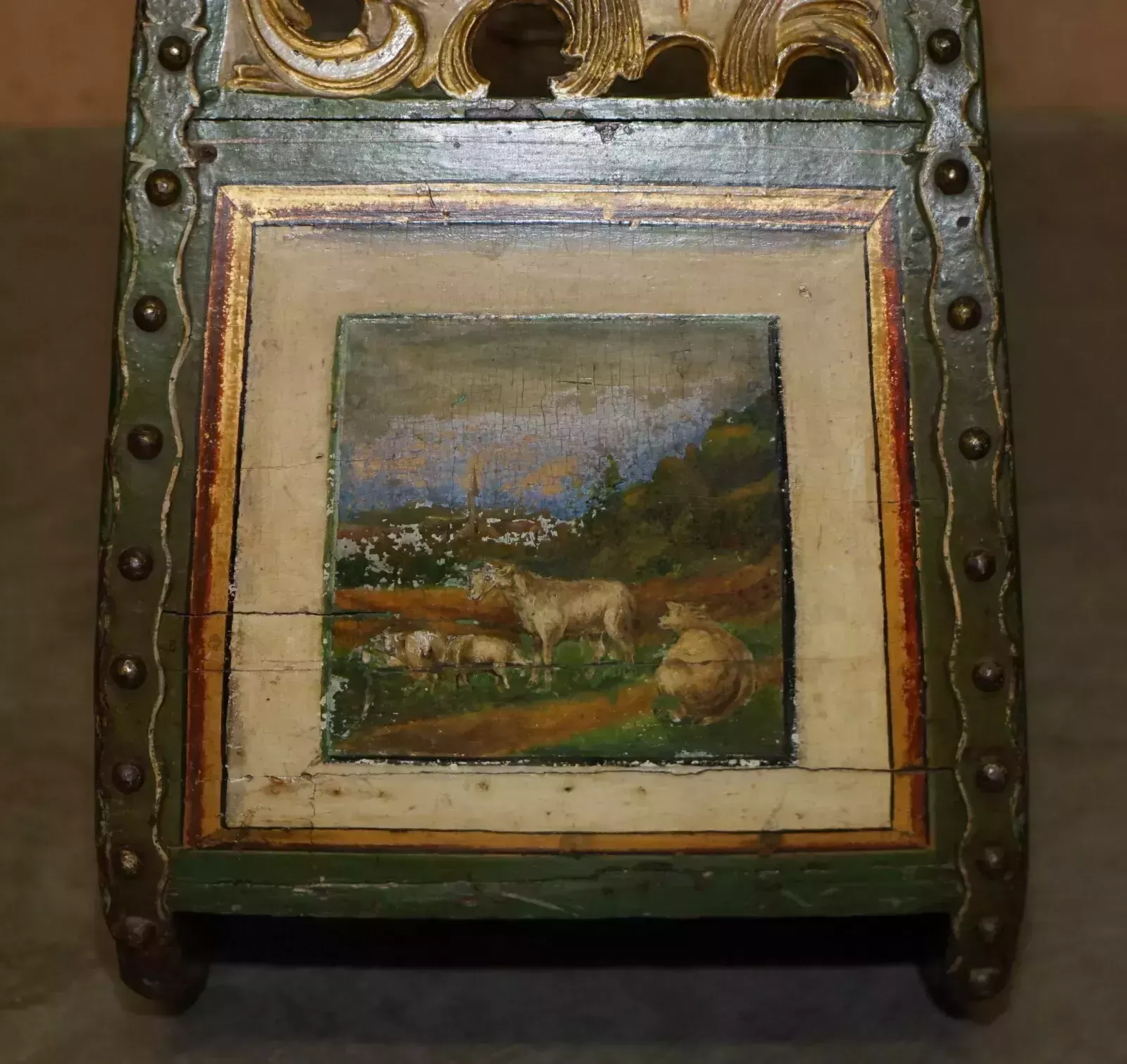Original Antique Dutch Hand Painted & Parcel Gilt Children's Sleigh Zinc Lined photo Furniture