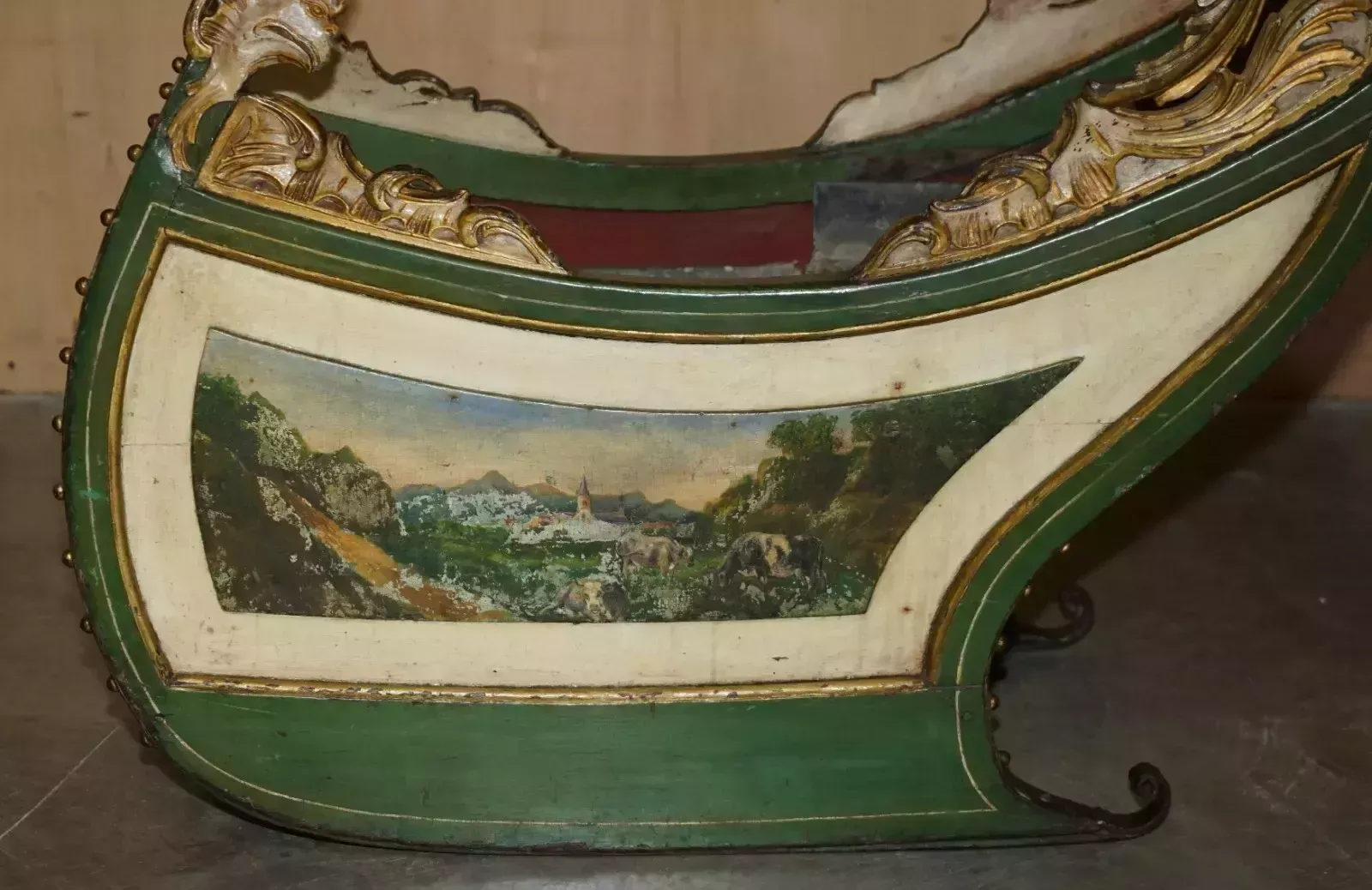 Original Antique Dutch Hand Painted & Parcel Gilt Children's Sleigh Zinc Lined photo vintage