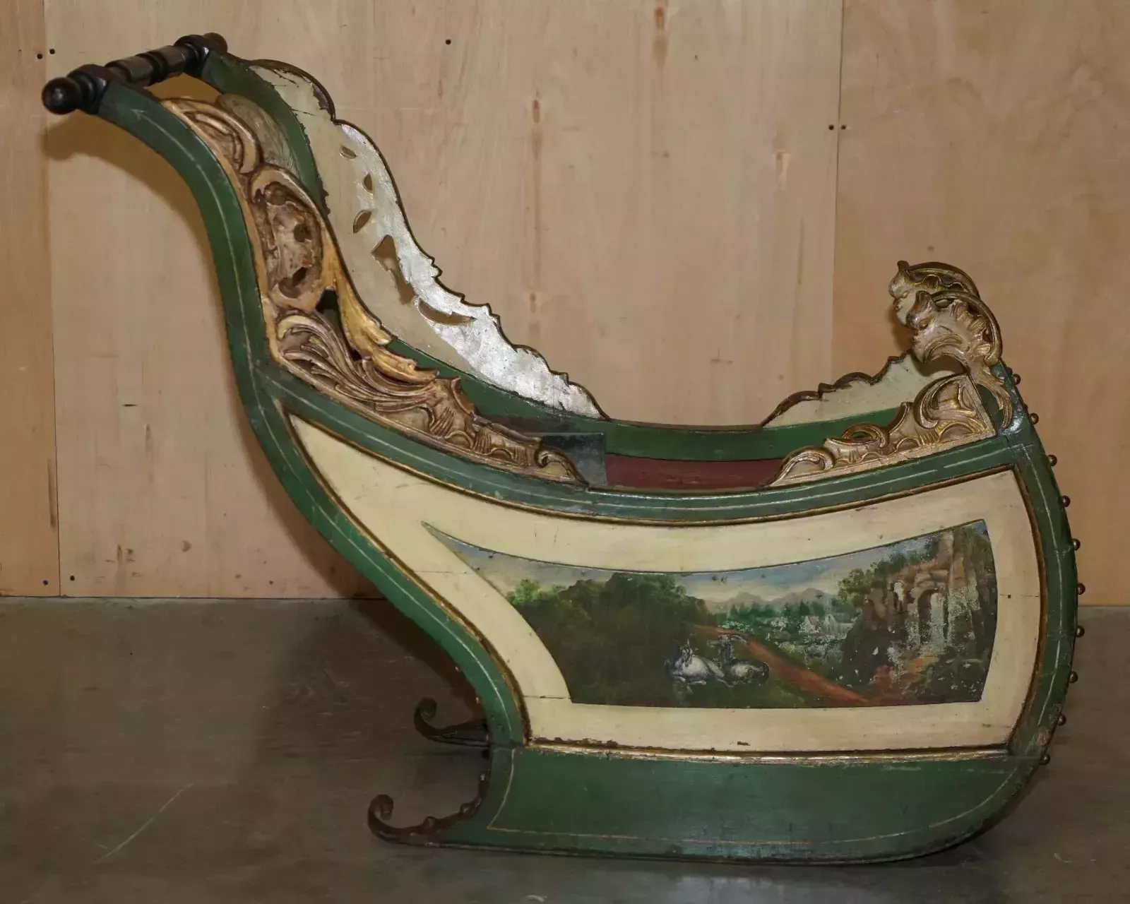 photo buy Original Antique Dutch Hand Painted & Parcel Gilt Children's Sleigh Zinc Lined