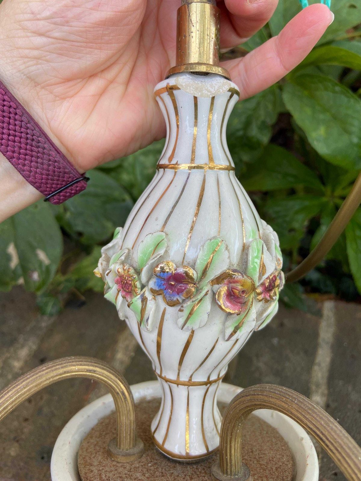 Mid 20th Century Pretty Porcelain Floral And Brass Three Armed Ceiling Light   Ready To Wire photo vinterior