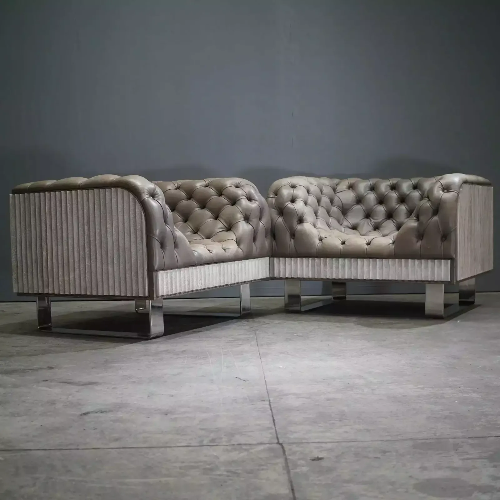 Bespoke Concrete Armchair In Pewter Grey Napa Leather With Soft Chesterfield Detailing photo buy