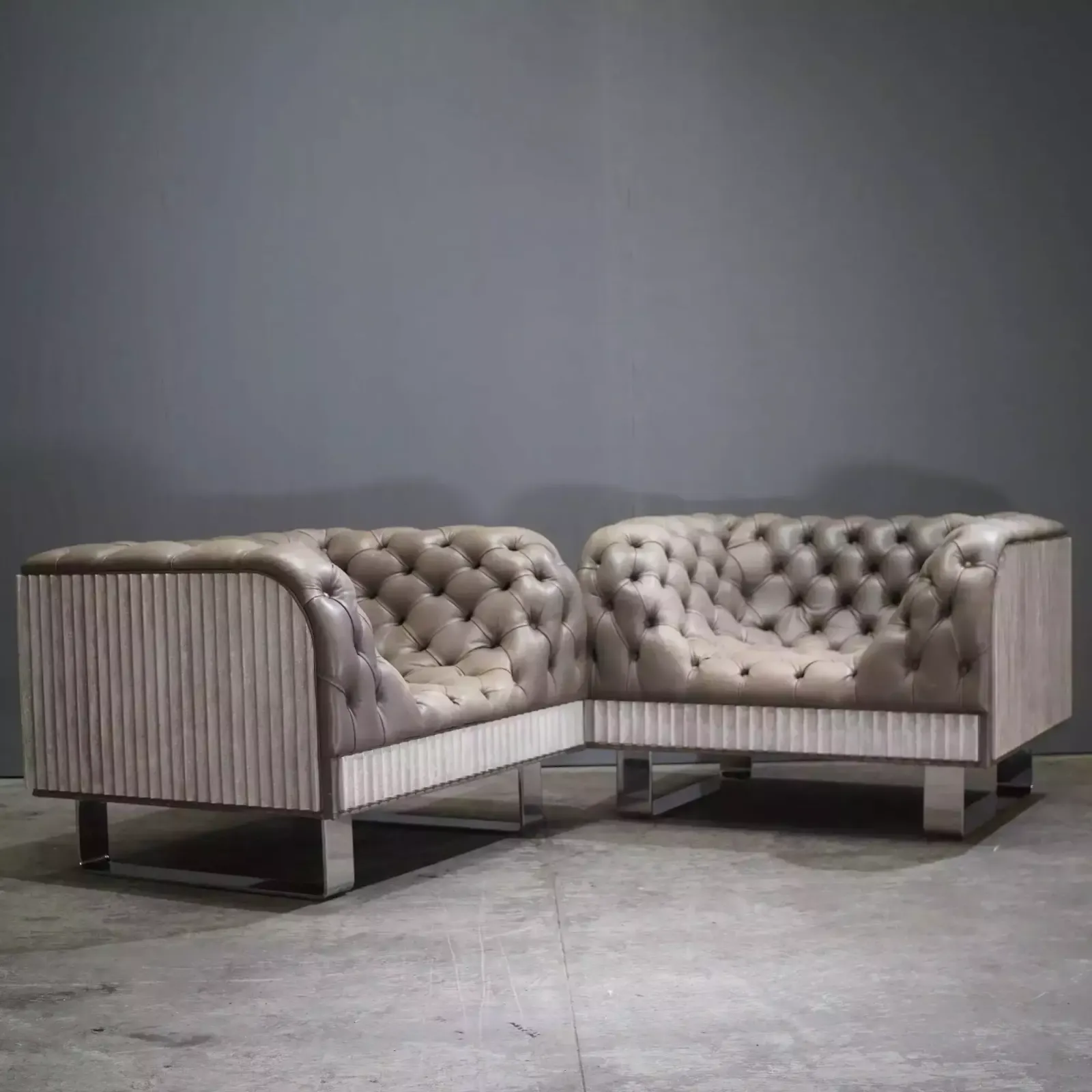 Bespoke Concrete Armchair In Pewter Grey Napa Leather With Soft Chesterfield Detailing photo vintage