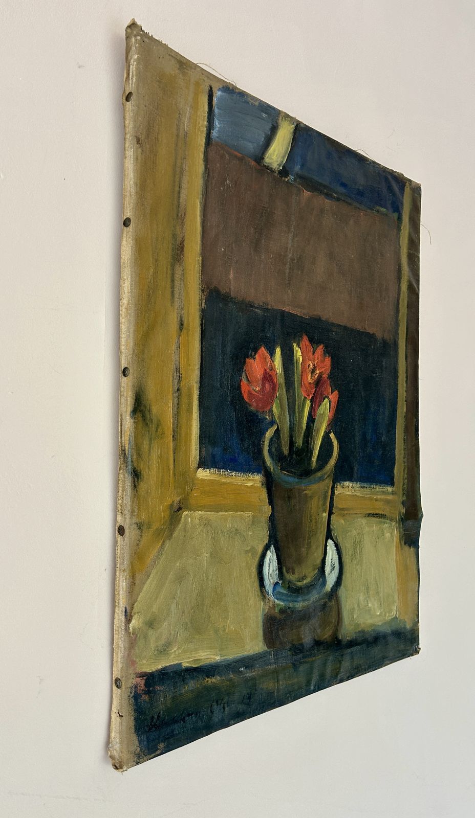 Abstract Oil On Canvas Of Amaryllis. Muted Brown Tones, Naively Pinned To Vintage Frame. photo buy