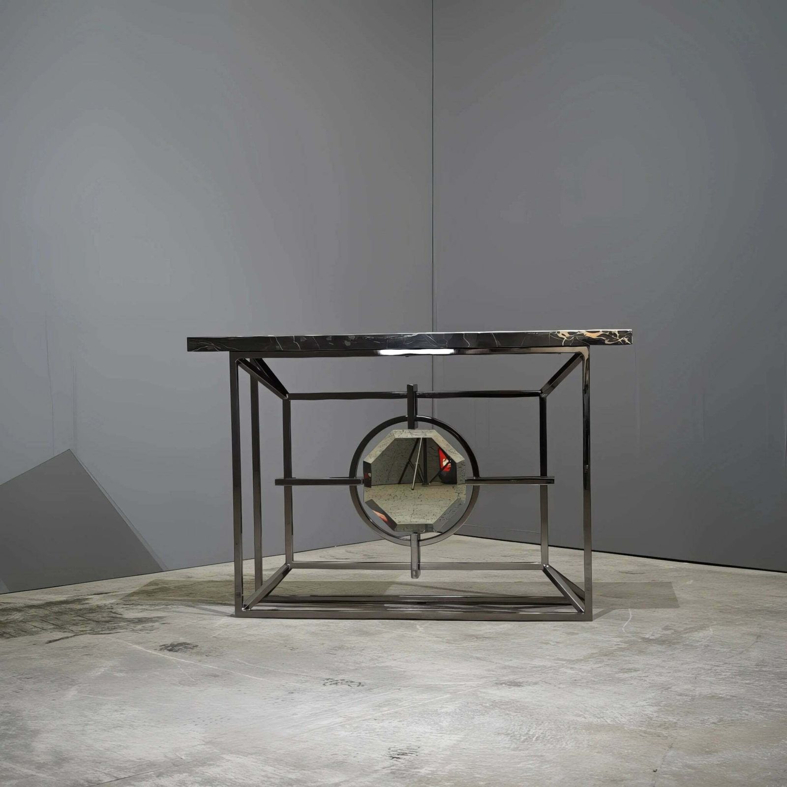 Bespoke Arabescato Corchia Black Marble Top Console Table With Plated Steel Base photo for sale