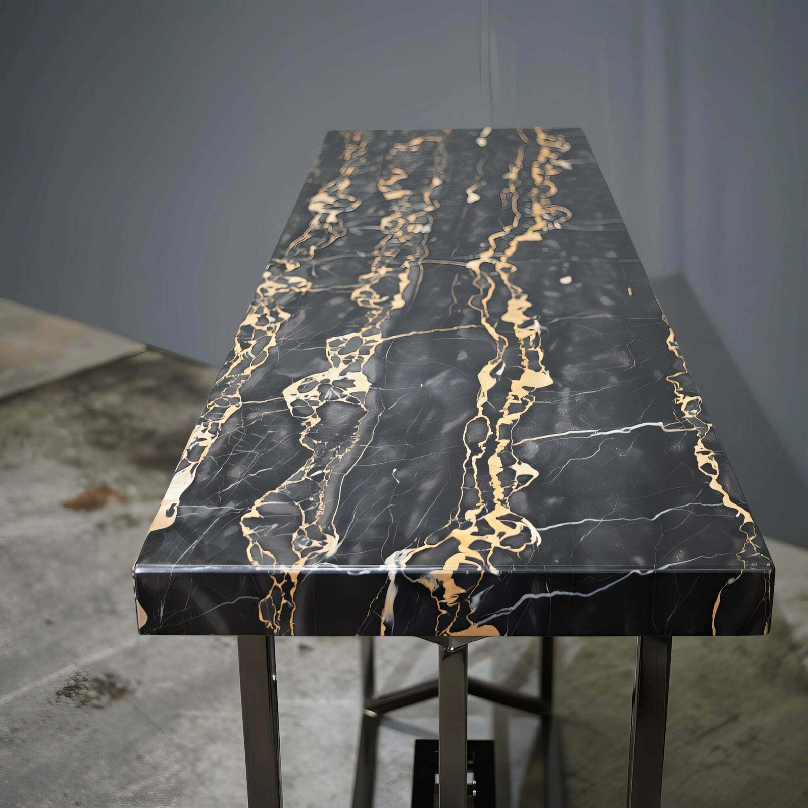 Bespoke Arabescato Corchia Black Marble Top Console Table With Plated Steel Base photo vinterior