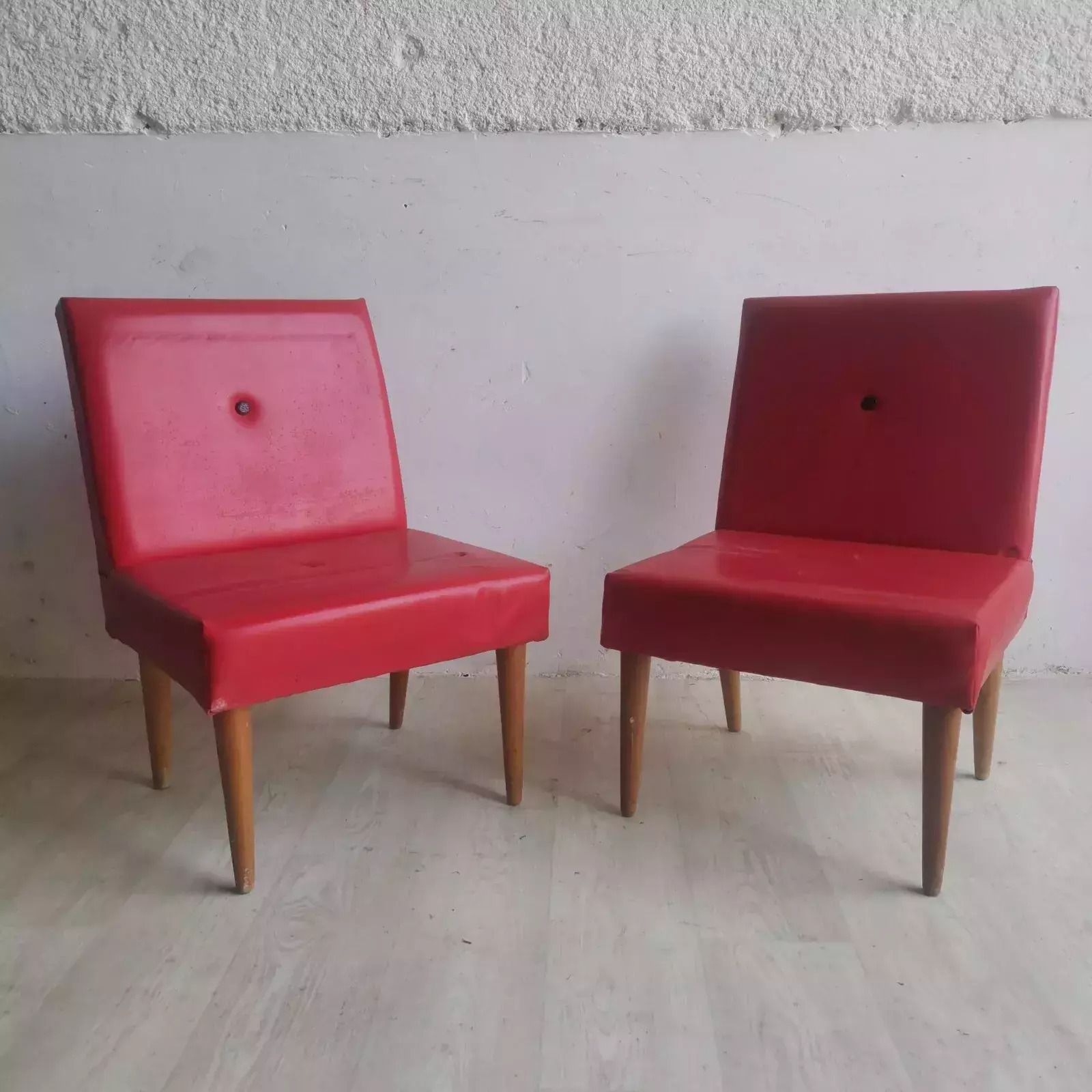 Vintage Retro Mid Century Lightweight Chairs Original 60s Wood, Red Vinyl Quirky