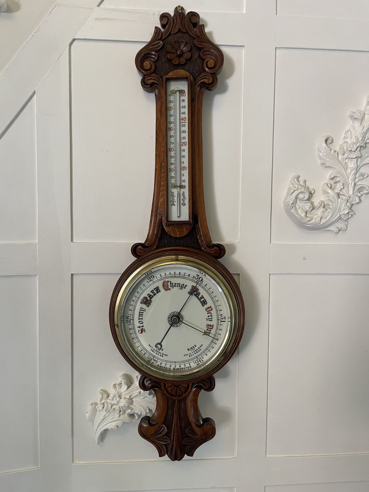 Antique 19th Century Quality Carved Oak Banjo Barometer
