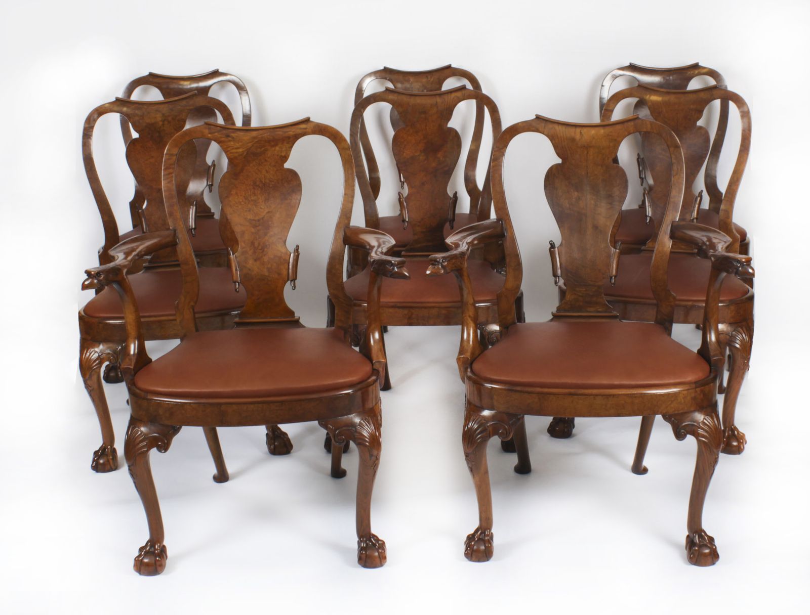 Vintage Set 8 Queen Anne Burr Walnut Dining Chairs  20th Century
