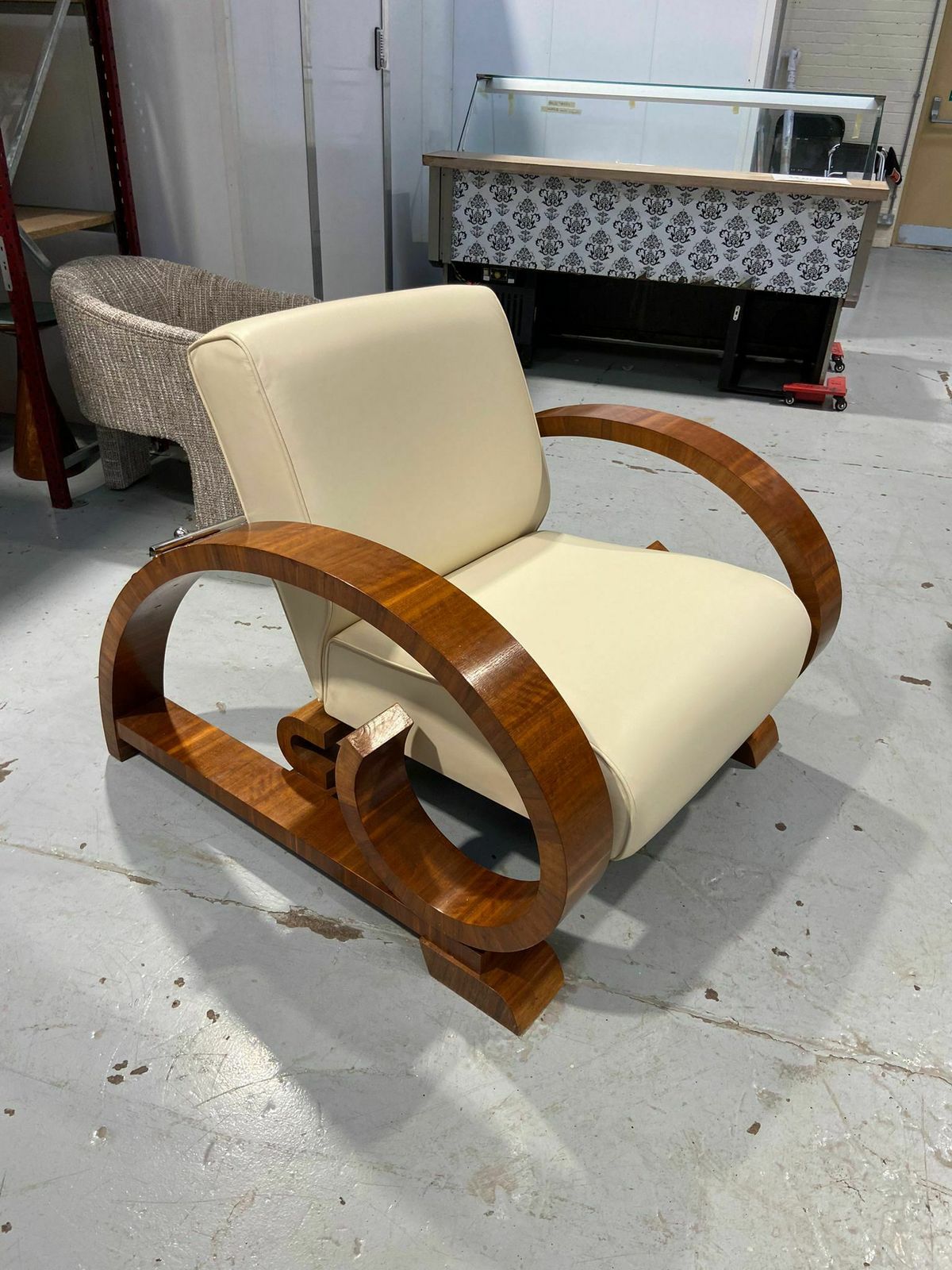 English Art Deco Style Walnut & Cream Leather Reclining Lounge Armchair / Chair (Circa 1970)