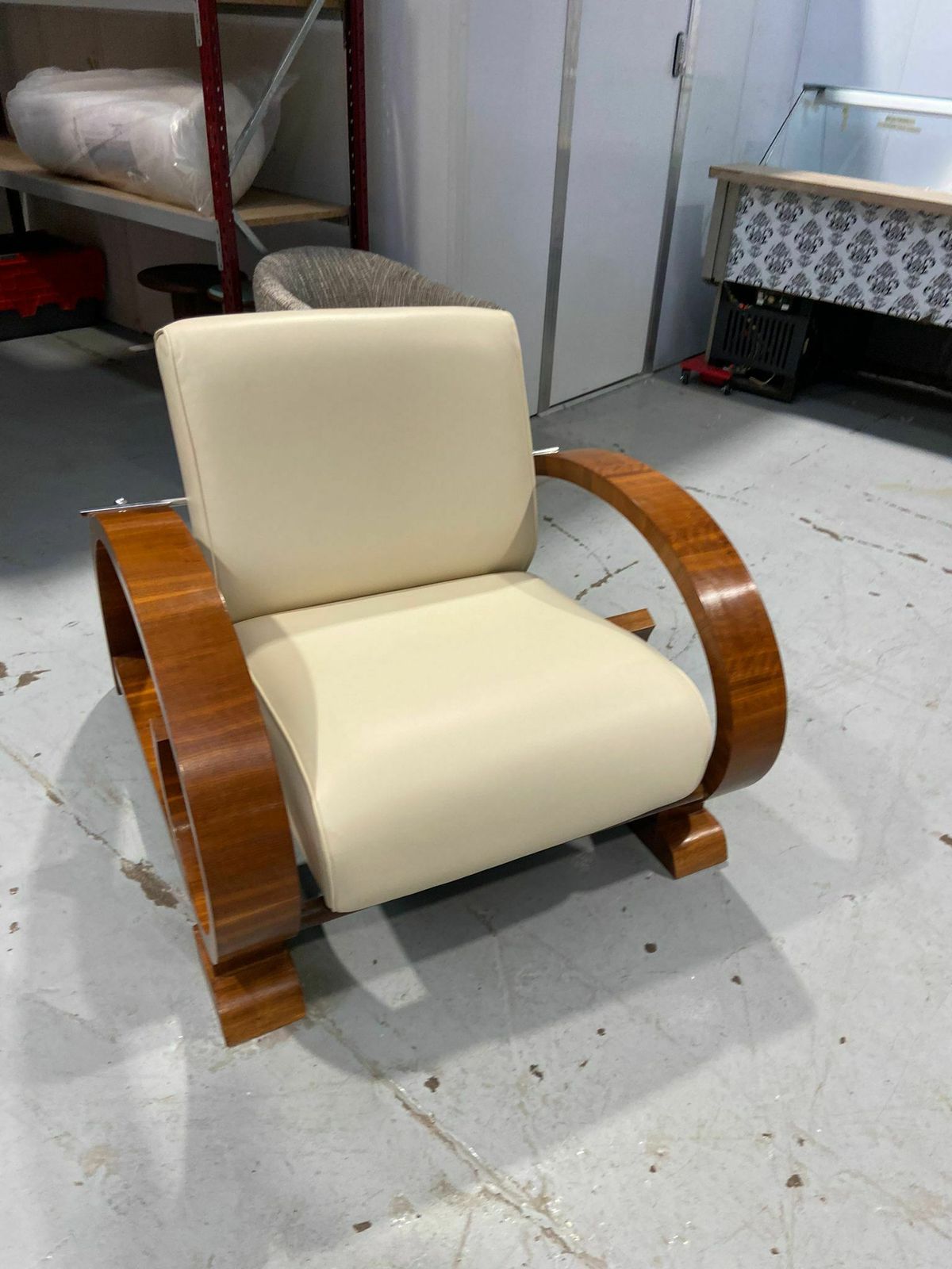 English Art Deco Style Walnut & Cream Leather Reclining Lounge Armchair / Chair (Circa 1970) photo furniture