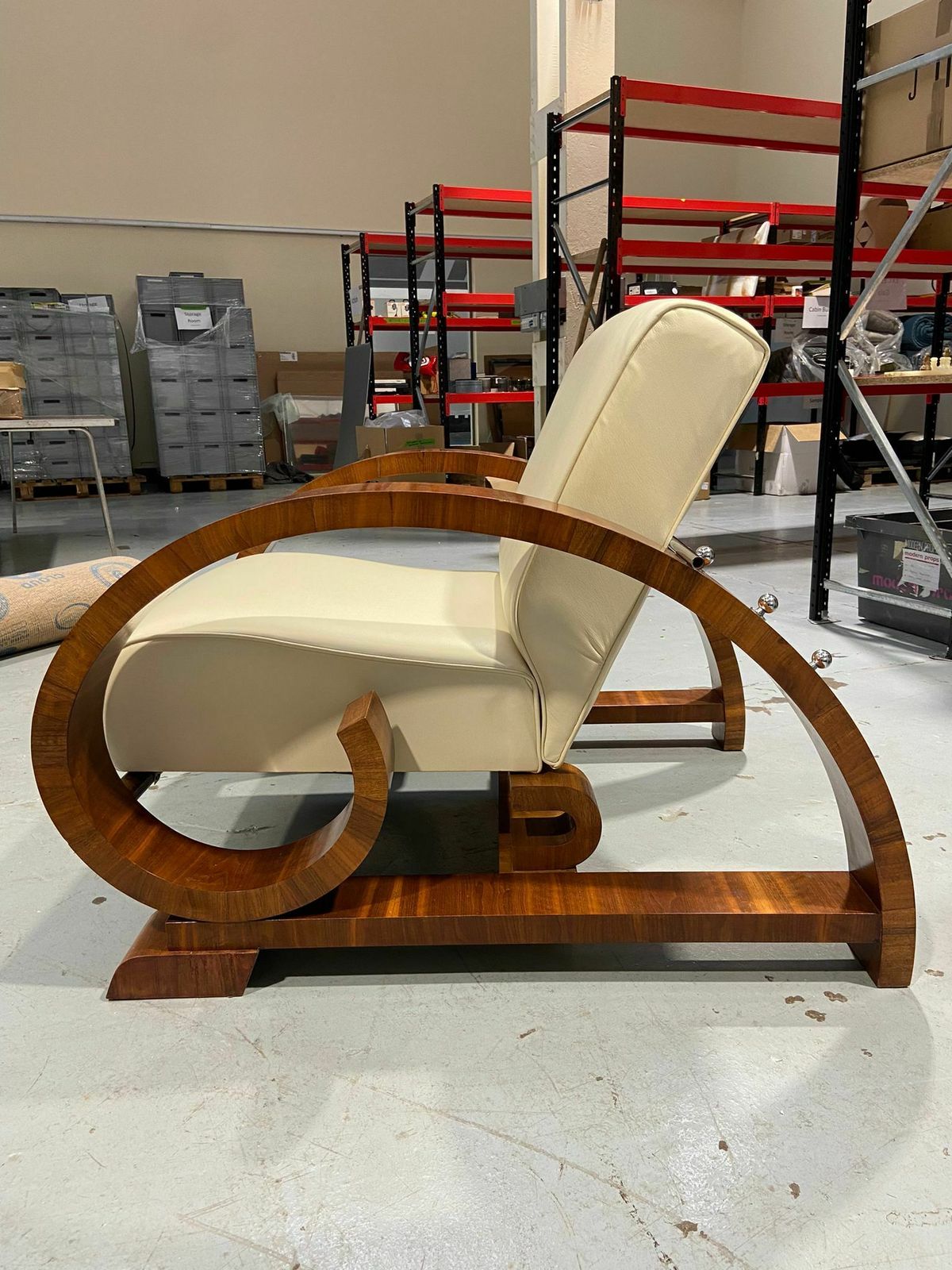 English Art Deco Style Walnut & Cream Leather Reclining Lounge Armchair / Chair (Circa 1970) photo for sale