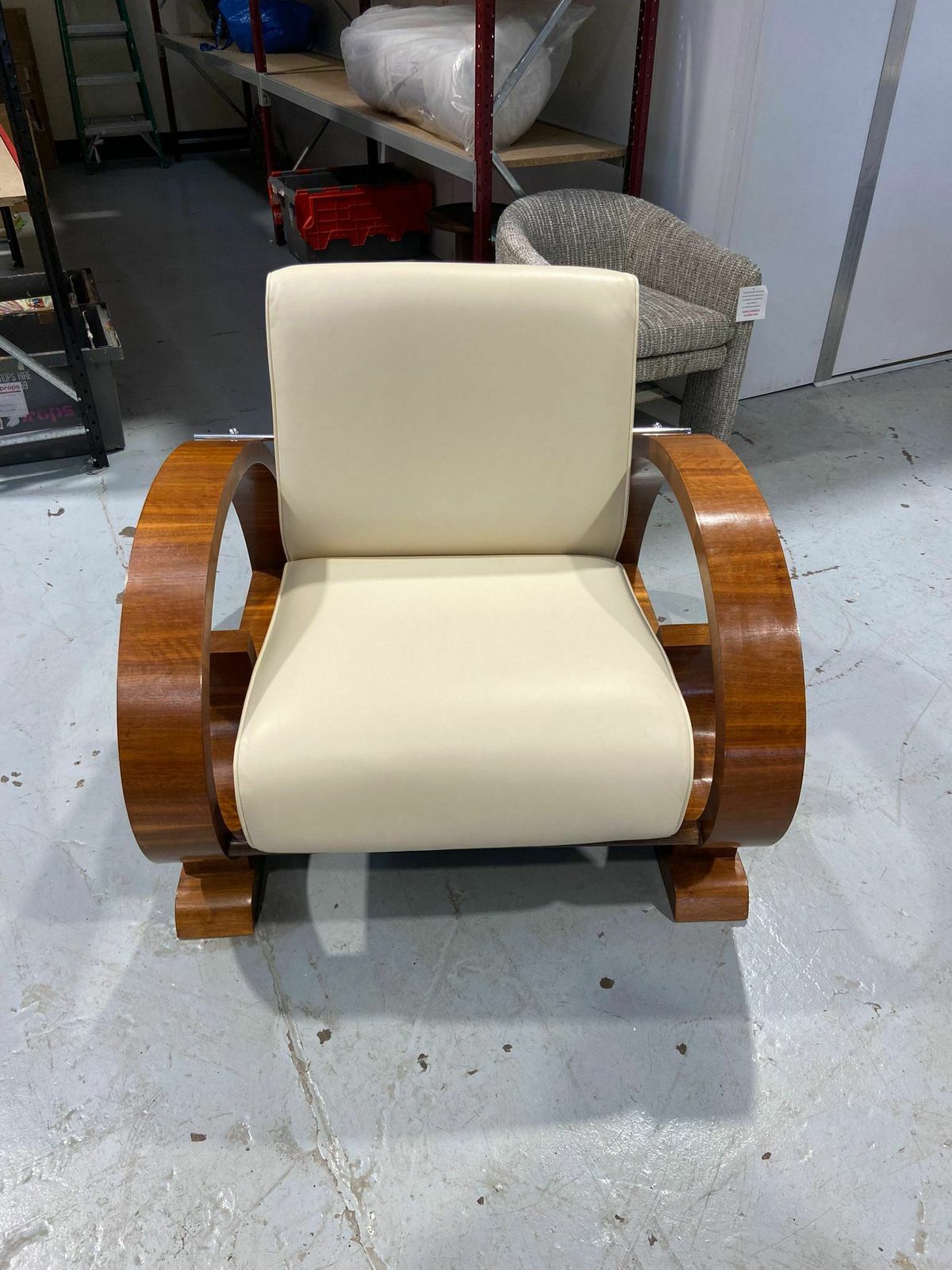 English Art Deco Style Walnut & Cream Leather Reclining Lounge Armchair / Chair (Circa 1970) photo vinterior
