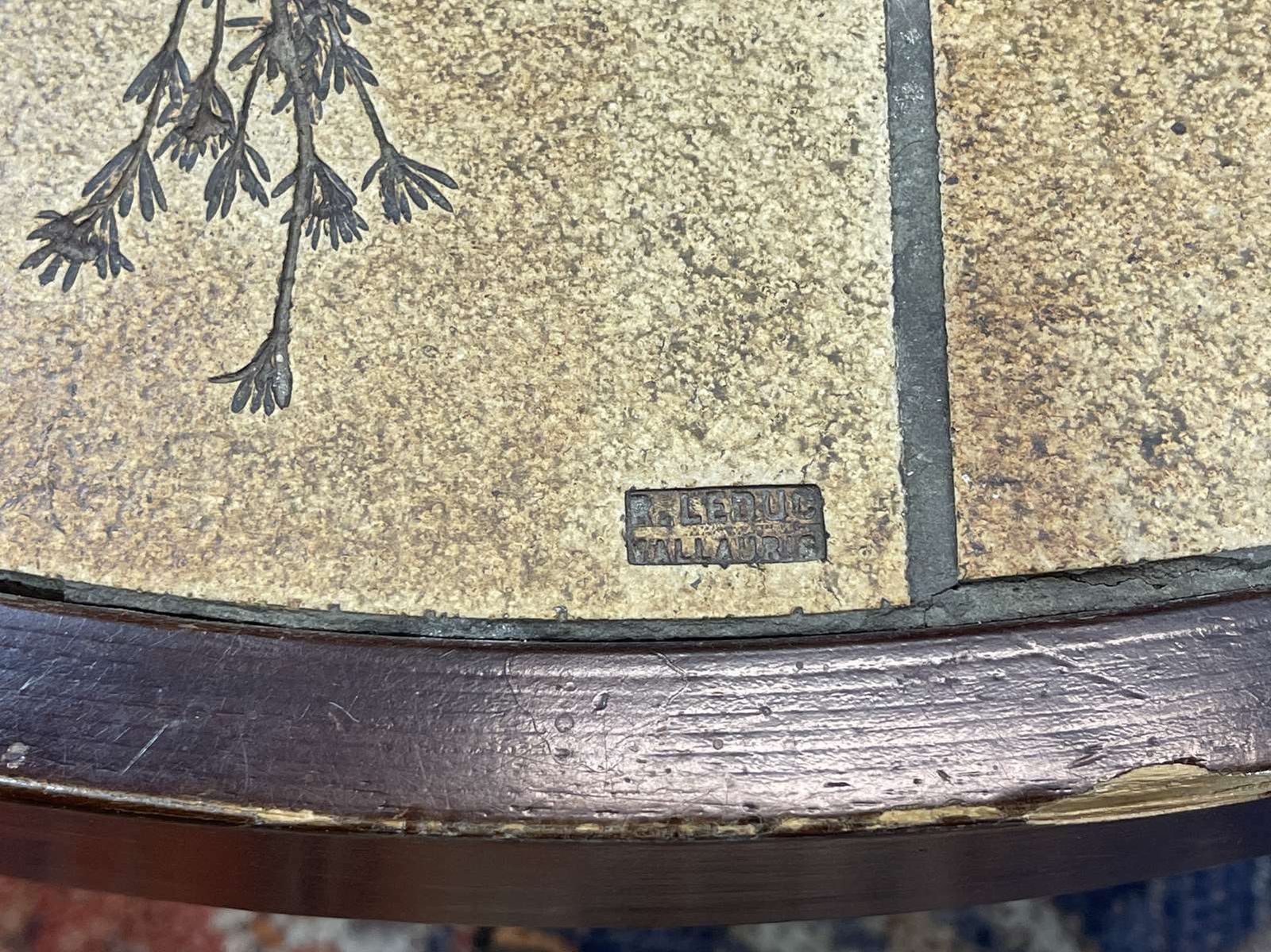 Beech Coffee Table And Ceramic Top With Herbarium Decoration Signed Raymonde Leduc Vallauris, Work From The 1960s photo Furniture