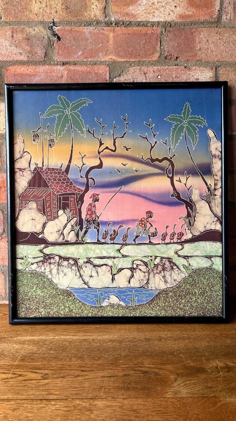 Framed Vintage Picture On Fabric Depicting An Asian Village Scene photo furniture