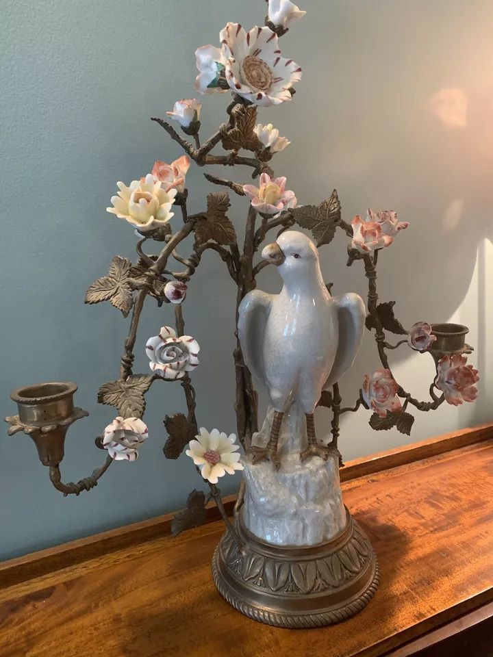 Exquisite Large Vintage Porcelain & Bronze Candelabra With Bird & Flowers photo furniture