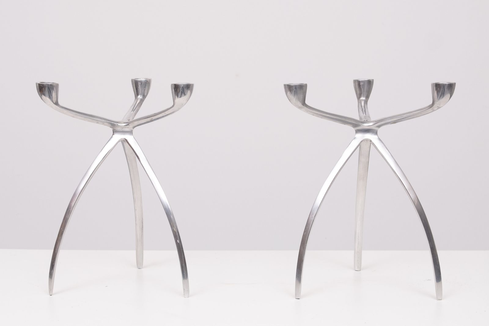 Pair Aluminum 3 Arms Spider Candle Sticks De Bijenkorf 1970s photo vinterior