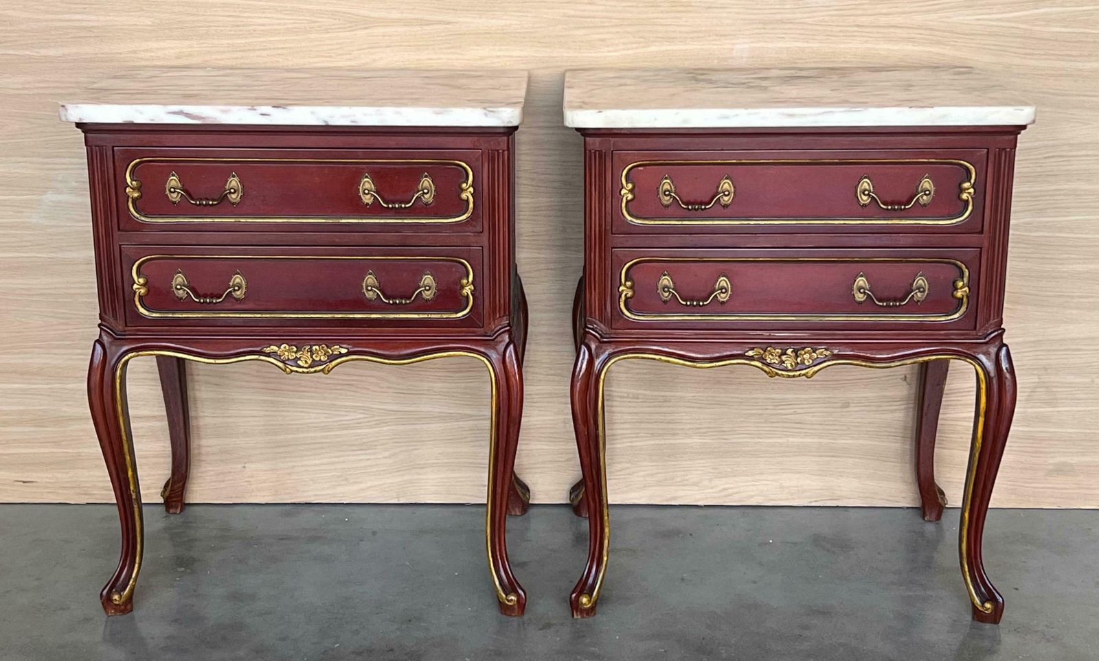 20th Century Pair Of Spanish Raspberry Red  Wooden Two Drawers Nightstands photo furniture