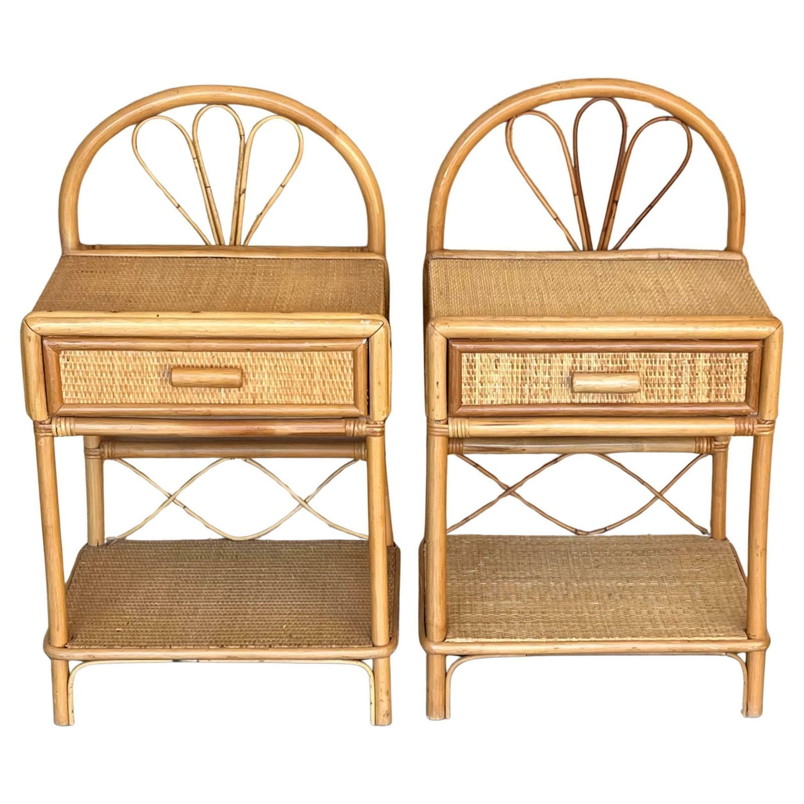 Pair Of Split Reed Bamboo Rattan Nightstands With Drawer And Low Tier, 1970s