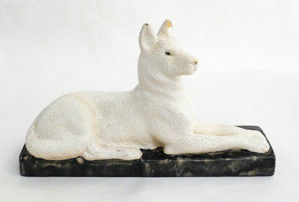 Art Deco Dog Sculpture In Earthenware With Frosted Enamel By Odyv France, 1930s