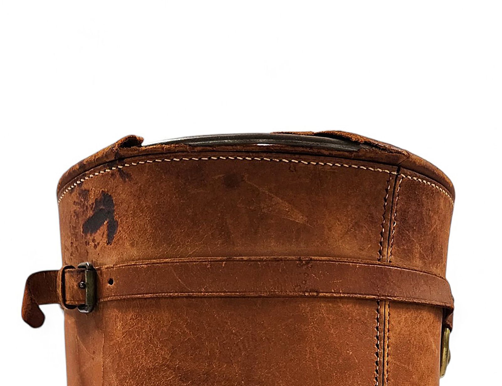 photo for sale Mid 20th Century Modern Leather Cylindrical Paper Waste Bin/Basket With Lid By Luxury Brand Hermès Paris, France